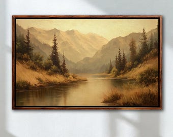 Vintage Mountain Landscape Fine Art Print, Rustic River Wall Art, Living Room Decor