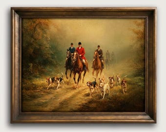 Vintage Fox Hunting Fine Art Print, Moody Equestrian Landscape Wall Art