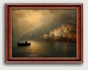 Vintage Italian Coastal Seascape Print, Moody Mediterranean Wall Art