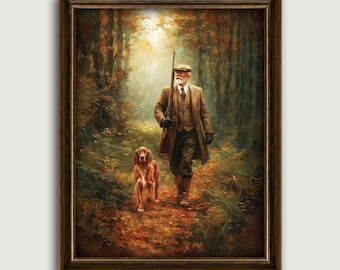 Vintage Hunter and Dog Autumn Woodland Scene Fine Art Print