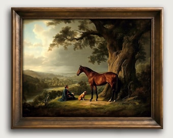 Moody Horse Landscape Wall Art, Vintage Equestrian Painting Print, Rustic Farmhouse Decor