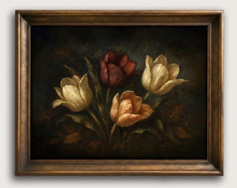 Vintage Tulip Floral Print, Moody Romantic Oil Painting Wall Art