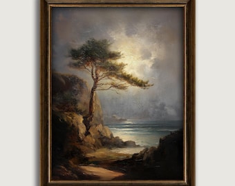 Moody Coastal Seascape Fine Art Print , Vintage Pine Tree Cliff Decor