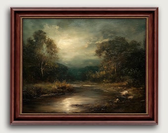 Vintage River Landscape Fine Art Oil Painting, Moody Woodland Forest Art, Dark Rustic Nature Wall Art