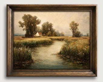 Vintage Landscape Fine Art Oil Painting, Moody River Decor, Rustic Farmhouse Wall Art