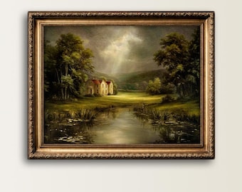 May include: An oil painting in a decorative gold frame depicting a landscape with a house featuring a red roof, situated near a calm pond. The scene includes lush green trees, grassy fields, and a cloudy sky with light breaking through the clouds.
