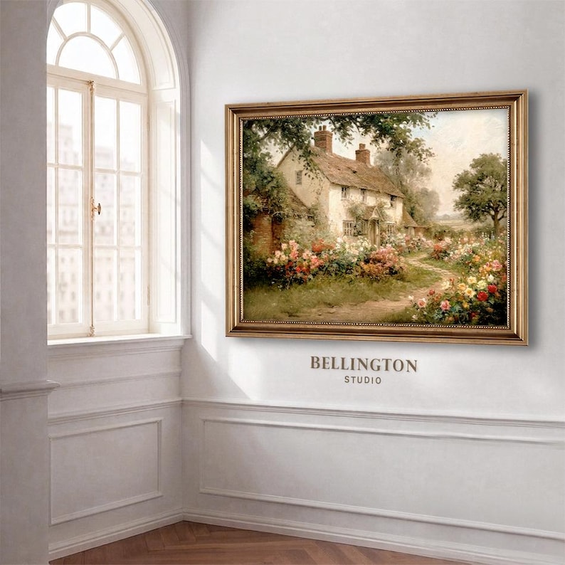 Vintage English Countryside Cottage Fine Art Oil Painting, Romantic ...