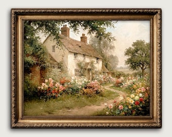 Vintage English Countryside Cottage Fine Art Oil Painting, Romantic Bedroom Decor, French Garden Landscape