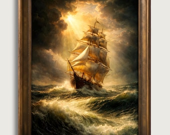 Moody Coastal Wall Art, Vintage Sailing Ship Print, Dramatic Nautical Seascape Decor