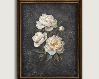Vintage Peony Fine Art Print, Moody Dark Floral Wall Art