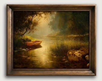 Moody River Rowboat Fine Art Print, Antique Landscape Wall Decor, Nature Art Gift