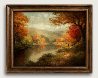 Vintage Fall Landscape Fine Art Print, Cozy Autumn River Scene Wall Art