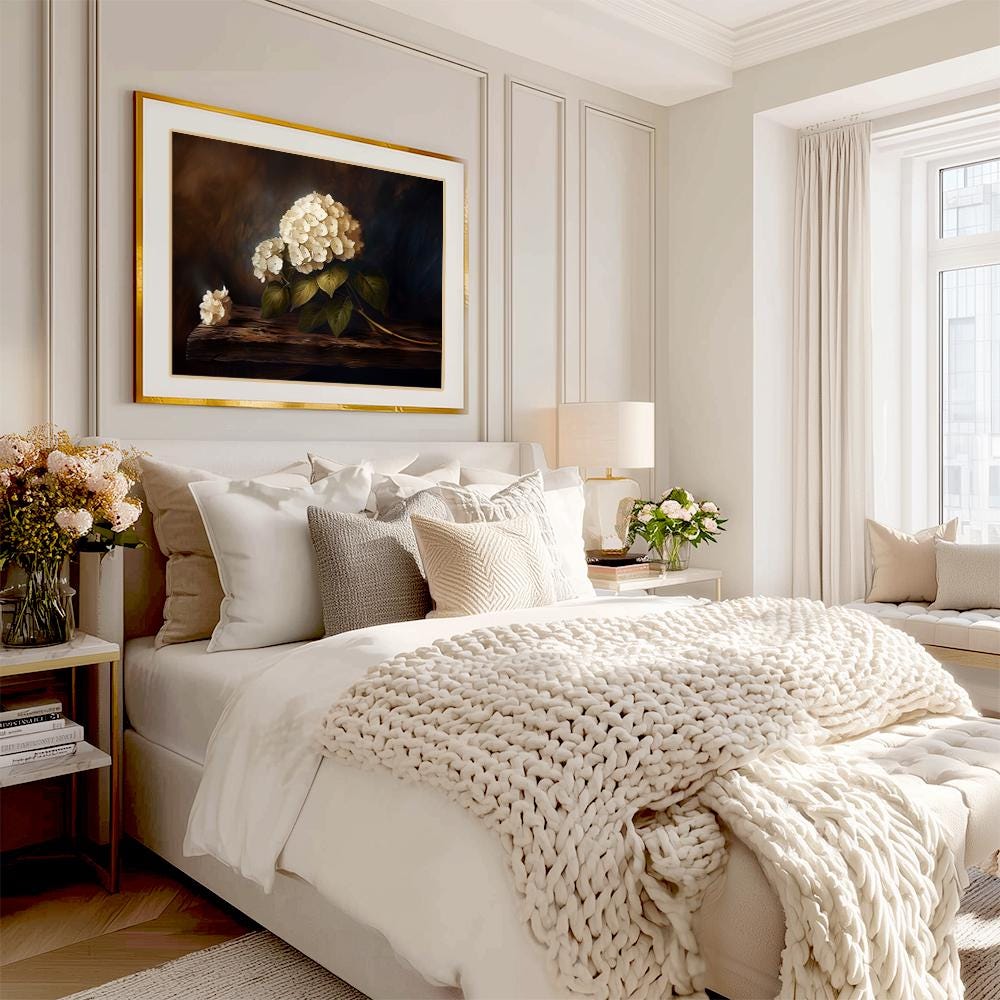 White Hydrangea Oil Painting Print, Moody Floral Botanical Wall Art - Etsy