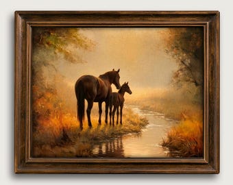 Vintage Horse Wall Art Mare And Foal Giclee Art Print, Warm Nursery Decor