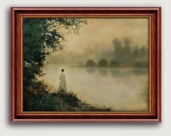 Vintage Romantic Landscape Fine Art Print , Misty Lake Wall Art, Classic European Decor