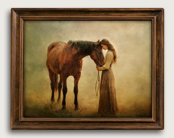 Vintage Equestrian Fine Art Print, Moody Horse Woman Wall Art, Rustic Decor