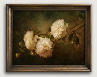 Vintage Floral Fine Art Print, Moody Cottage Wall Art, Ivory Blossoms