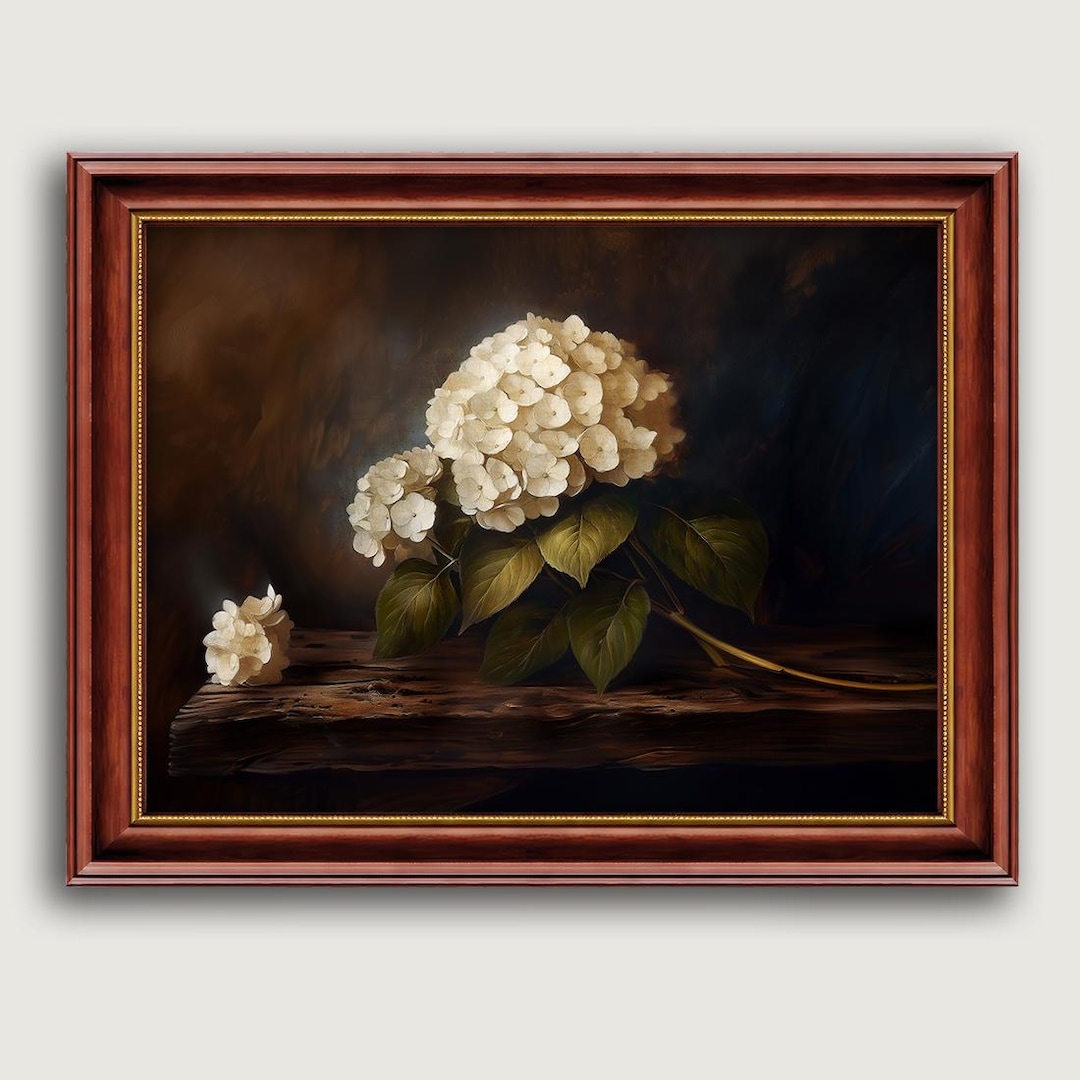 White Hydrangea Oil Painting Print, Moody Floral Botanical Wall Art - Etsy