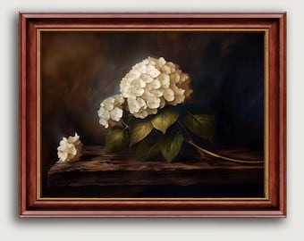 White Hydrangea Oil Painting Print, Moody Floral Botanical Wall Art