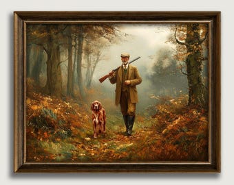 Vintage Hunter with Dog Fine Art Print, Autumn Forest Lodge Decor