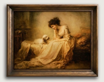 Woman and Dog Fine Art Print, Romantic Victorian Wall Art, Sepia Tones