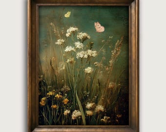 Vintage Dark Floral Fine Art Print, Moody Wildflower Wall Art, Dark Academia Decor, Cottagecore Botanical