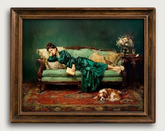 Vintage Woman Reading Sofa Fine Art, Moody Painting Woman On Sofa With Dog, Dark Academia Bedroom Decor