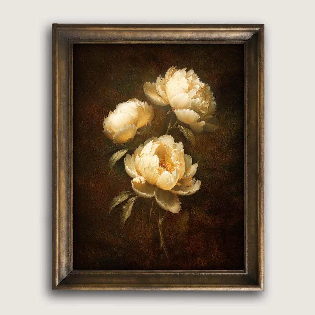 Dark Vintage Peony Fine Art Print, Moody Floral Wall Art, Candlelight ...