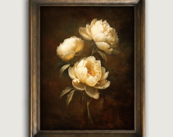 Dark Vintage Peony Fine Art Print, Moody Floral Wall Art, Candlelight Glow