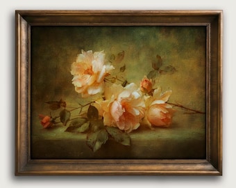 Vintage Blush Roses Fine Art Print, Romantic Floral Wall Art