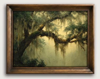 Vintage Oak Tree Landscape Fine Art Giclée Print, Southern Cottagecore Spanish Moss Decor
