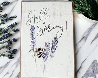 Letrero de madera con diseño de "Hola Primavera", lavanda y abeja, decoración rústica para el hogar.