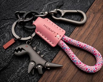 Dinosaur Keychain Leather Woven Rope Key Holder, Metal Car Keychain Clip, Cute Dino Bag Charm, Durable Keyring Gift for Men Women