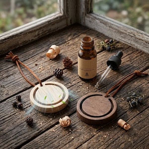 Puede incluir: Dos difusores circulares de aceites esenciales de madera con cordones de cuero marrón para colgar, uno de madera clara y otro oscura. Un frasco de vidrio marrón etiquetado PURE ESSENTIAL OIL con un icono de pino y un gotero de vidrio.
