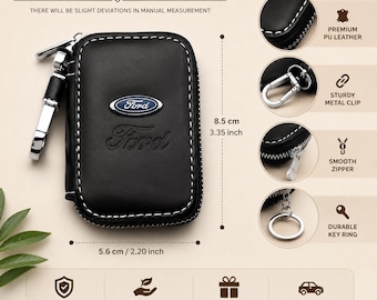 Leather Car Key Case for Ford – Zipper Key Fob Holder with Metal Clip – Premium Key Organizer Cover – Gift for Ford Owners