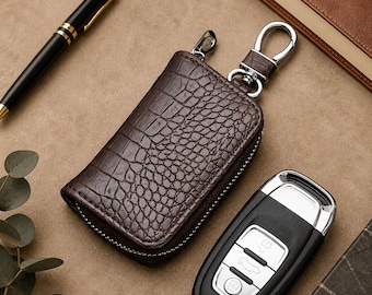 Crocodile Leather Key Case | Universal Smart Key Fob Cover for Audi Tesla Chevrolet | Zipper Key Organizer Pouch | Car Lover Gift