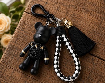 Black Bear Keychain with White Tassel, Cute Teddy Bear Bag Charm, Luxury Purse Charm, Car Key Holder, Gift for Women, Kawaii Keyring