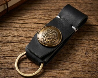Vintage Genuine Leather Keychain for Men, Handmade Retro Belt Key Holder, Rustic Cowhide Leather Car Keychain, Brass Clip EDC Gift