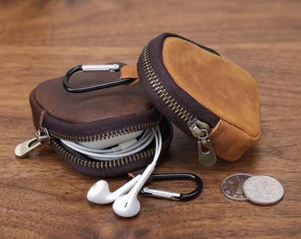 Retro PU Leather Key Fob Holder Pouch | Mini Carabiner Coin Purse | Zipper Keychain Wallet | Vintage Style Car Key Case