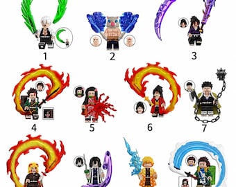 Puede incluir: Una colección de once figuras de bloques de construcción de plástico, numeradas del 1 al 11, que muestran varios personajes con accesorios distintos como efectos de energía translúcidos verdes, azules, morados, rojos y blancos, espadas y cadenas.