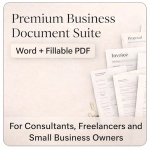 May include: Image of a business document suite. The text reads "Premium Business Document Suite" with "Word + Fillable PDF" below. Additional text states "For Consultants, Freelancers and Small Business Owners."