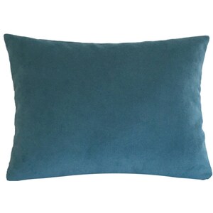 May include: A rectangular teal-colored pillow. The pillow has a soft, velvety texture and a solid color design. The pillow is a decorative item for a bed or sofa.
