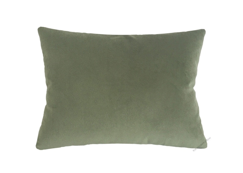 May include: A rectangular sage green pillow. The pillow has a soft, velvety texture and a simple, minimalist design. The pillow is a solid color and would be suitable for a bed or sofa.