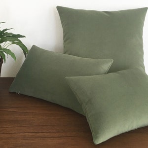 May include: Three olive green throw pillows of varying sizes are arranged on a wooden surface. The pillows have a soft, textured appearance and are in square and rectangular shapes. A potted plant is visible in the background.
