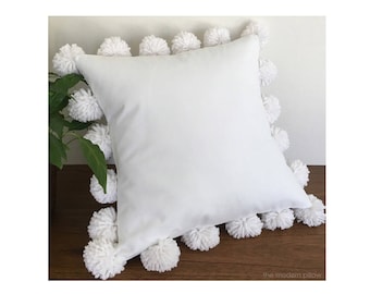 Large White Pom Pom Decorative Throw Pillow / 20x20"