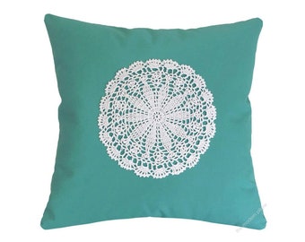 Aqua Doily Decorative Throw Pillow Cover / Pillow Case / Cushion Cover / Cotton / 20x20"