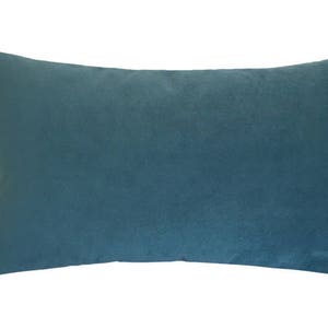 May include: A rectangular teal-colored pillow with a soft, velvety texture. The pillow is a solid color and has a simple, minimalist design. This decorative pillow is suitable for a bed or sofa.