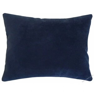 May include: A rectangular navy blue pillow with a soft, velvety texture. The pillow is a solid color and appears to be made of a plush fabric, suitable for home decor. The pillow is a medium size.