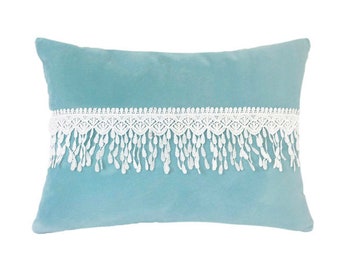 Aqua Lace Velvet Suede Decorative Throw Pillow Cover / Pillow Case / Cushion Cover / 12x16"