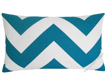 Deep Aqua Blue / White Chevron Zig Zag Stripe Decorative Throw Pillow Cover / Pillow Case / Cushion Cover / Cotton / 12x20"